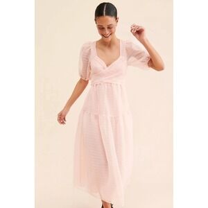 Free People Dress 6 Pink Hailey Sheer Puff Sleeve‎ Gauze Midi Peasant Bow Tie
